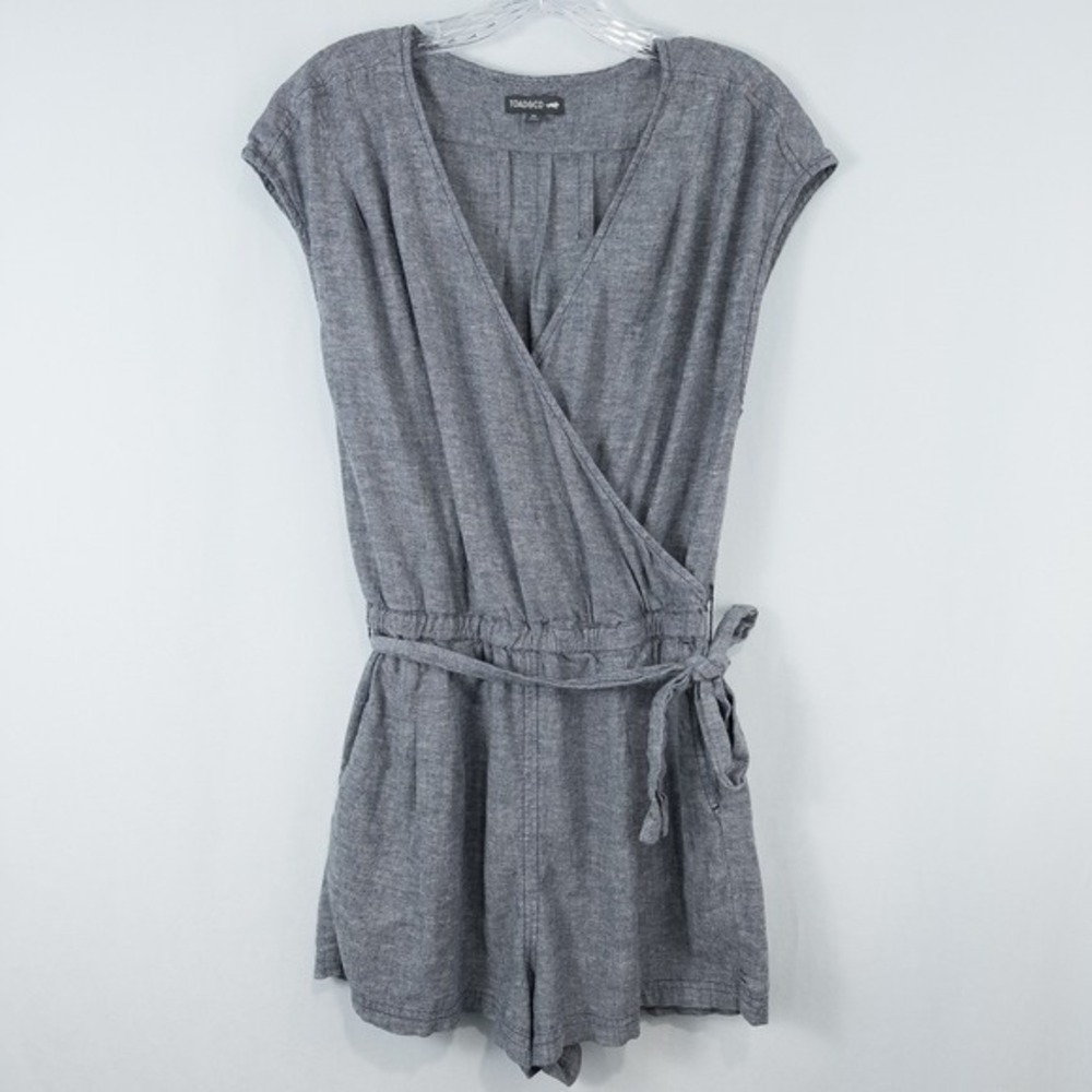 Toad & Co Tara Hemp Romper Medium V Neck Faux Wrap Blue Gray Minimalist Granola